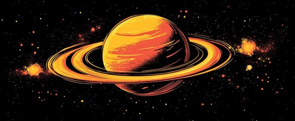 Wall Mural - fiery orange planet with prominent rings in dark space, surrounded by stars and nebulae.