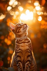 Wall Mural - Bengal cat sitting outdoors in golden sunlight, looking up.