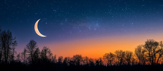 Wall Mural - crescent moon over silhouetted trees at sunset with a starry sky.