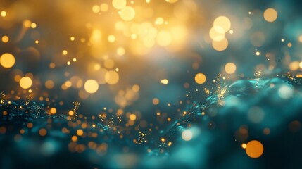 Wall Mural - Abstract teal and gold bokeh background with glowing particles.