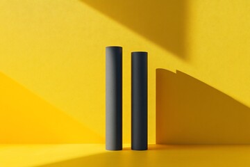 Wall Mural - two dark gray cylinders stand on a yellow surface, illuminated by sunlight casting shadows.