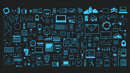 Global network technology icons, dark background