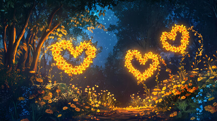 Wall Mural - An enchanted garden at night with glowing flowers forming heart patterns, mysterious and magical valentine theme. Glowing Midnight Gardens. Illustration