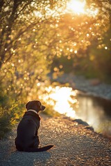 Wall Mural - Black dog sits by tranquil river at sunset, golden hour light.