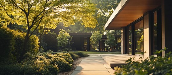 Sticker - Sunlit pathway leads to modern home nestled in lush greenery.