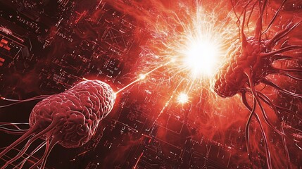 Wall Mural - neural network connection, brain, technology, digital, circuit, futuristic, energy, red, abstract, s