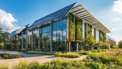 Poster - Modern sustainable office building with solar panels and green wall.