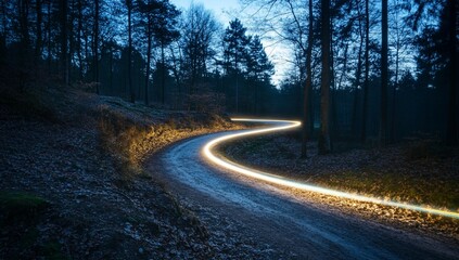 Wall Mural - Winding road through dark forest at night, light trails.