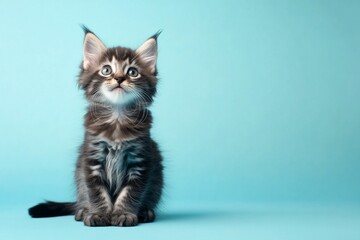 Wall Mural - Adorable fluffy kitten sitting on light blue background, looking up.