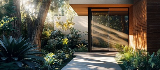 Wall Mural - Sunlit pathway leads to modern house entrance, surrounded by lush tropical greenery.