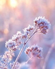 Wall Mural - frost-covered wildflowers at sunrise, delicate winter scene.