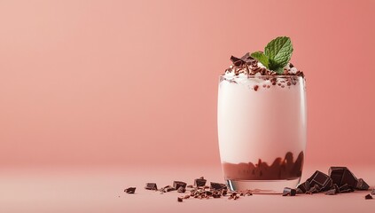 Wall Mural - Creamy chocolate milkshake with whipped cream, chocolate shavings, and mint garnish in a glass on pink background.