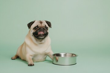 Wall Mural - Adorable pug dog sitting beside empty food bowl on mint green background.