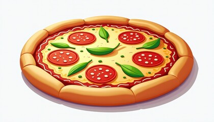  Isolated, realistic, and animated pizza on a pristine white background. A realistic pizza with tomato slices and basil leaves.