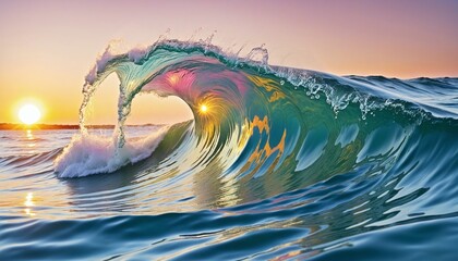 Wall Mural - serene ocean waves under a colorful sky: a pastel dreamscape for summer vibes