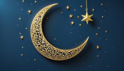 Wall Mural - Eid Al-Fitr Celebration: A Golden Crescent Moon and Starry Blue Night Sky