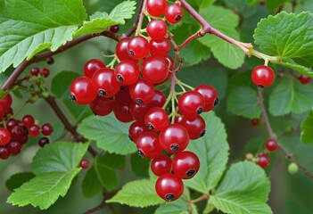 Poster - Closeup of Ripe Red Currant Berries on a Bush in Summer Garden