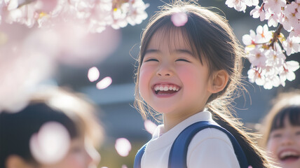 Poster - 校庭の桜の下で無邪気に遊ぶ小学生たち