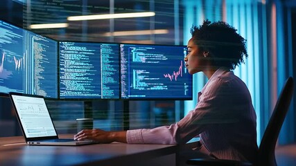 Wall Mural - a tech-savvy woman works diligently on cybersecurity programming in a sleek, modern office setting.