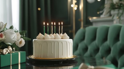 Wall Mural - Elegant birthday scene, stylish cake with candles, luxury gift boxes, and a sophisticated greeting card. 