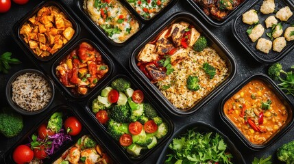 Wall Mural - Meal delivery boxes with nutritious dishes, convenience and wellness theme. 