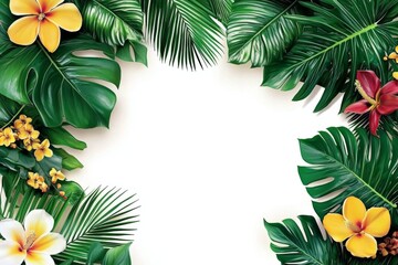 abstract design featuring tropical leaves and flowers.