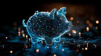 Wall Mural - Digital Wireframe Piggy Bank Model