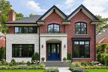 Wall Mural - Discover a delightful modern home featuring a captivating brick and stone facade, nestled in a vibrant neighborhood basking under a bright blue sky