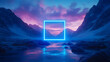 © IA Tuga - A surreal digital artwork featuring a glowing blue neon square floating over a reflective river, surrounded by misty mountains under a vibrant pink and blue sky