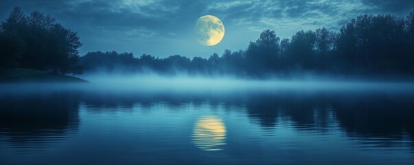 Wall Mural - Misty lake moonlit night; full moon reflecting, trees, fog