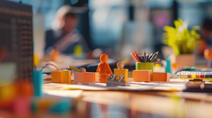 Colorful miniature figures and office supplies on a desk, with a blurred background of a busy workspace