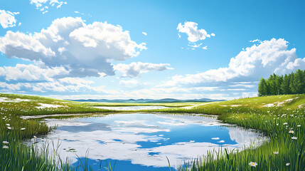 Wall Mural - Spring landscape with melting snow creating a serene pond surrounded by green meadows under a bright blue sky and fluffy white clouds. Molten Sky Lakes. Illustration