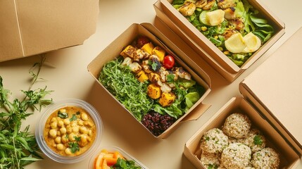 Wall Mural - Vegan meal boxes with plant-based foods, eco-conscious packaging design.