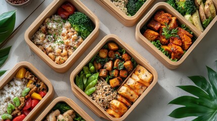 Wall Mural - Vegan meal boxes with plant-based foods, eco-conscious packaging design.