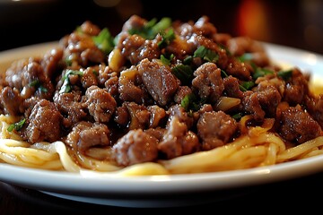 Stir-fried Beef with Noodles: A mouthwatering close-up of stir-fried beef and noodles, featuring savory pieces of tender beef tossed in a rich sauce,  topped with fresh herbs.