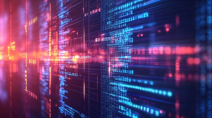 Abstract coding concept with glowing lines and symbols, symbolizing innovation and digital transformation.