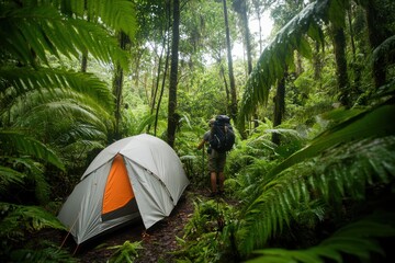 backpacker setting up camp in a lush forest