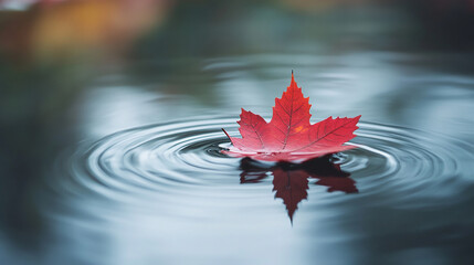 a single red maple leaf floating on a still lake surface