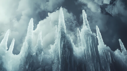 Wall Mural - Icy spires pierce a cloudy sky, creating a dramatic, ethereal landscape. Illuminated Ice Spires. Illustration