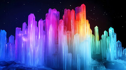 Wall Mural - Magical ice castle glowing with vibrant, colorful lights against a dark background. perfect for fantasy, winter, or fairytale themes. Illuminated Ice Spires. Illustration