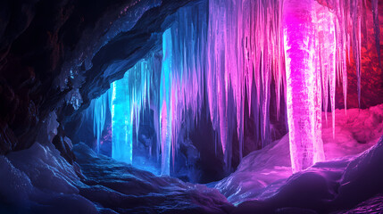 Wall Mural - Magical ice cave with vibrant, colorful ice formations illuminated by lights. stunning natural wonder. Illuminated Ice Spires. Illustration