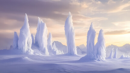 Wall Mural - Snow-covered alien landscape with sharp ice spires, harsh and cold environment, soft light reflecting on snow, distant mountains, desolate and surreal. Illuminated Ice Spires. Illustration