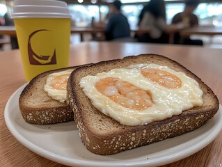 Shrimp and Cheese Toast: A delectable treat of two slices of toasted bread topped with melted cheese and succulent shrimp, served alongside a takeaway coffee cup.