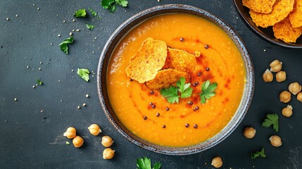 Wall Mural - Comforting red lentil soup with paprika-spiced chickpea crisps, elegantly presented in a ceramic bowl. Warm and nourishing vegan dinner, flat lay.