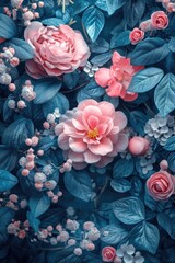 Wall Mural - Romantic Pink Roses and Leaves Background