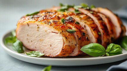 Wall Mural - Elegant and simple turkey ham slices with fresh basil garnish, placed on a white ceramic plate. Clean and fresh food photography, ideal for meal prep.