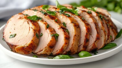 Wall Mural - Elegant and simple turkey ham slices with fresh basil garnish, placed on a white ceramic plate. Clean and fresh food photography, ideal for meal prep.