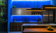 © Sekai - Modern industrial kitchen with a cobalt blue wall, sleek design elements, and contemporary functional elegance throughout