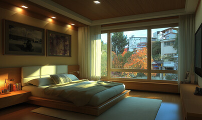 Sticker - Comfortable bedroom with light oak floors and windows offering a peaceful and cozy living space