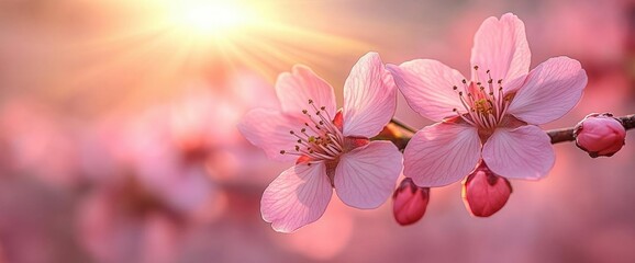 Canvas Print - Closeup of Delicate Pink Cherry Blossoms with Buds on a Branch in Warm Sunlight